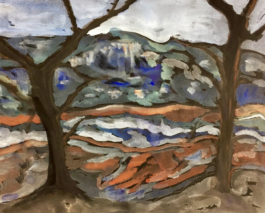 Sketch by Sarah Sullivan of a landscape between two trees