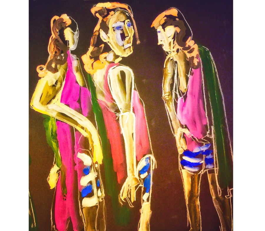 Gouache Sketch by Sarah Sullivan of a Figure from Three Different Angles