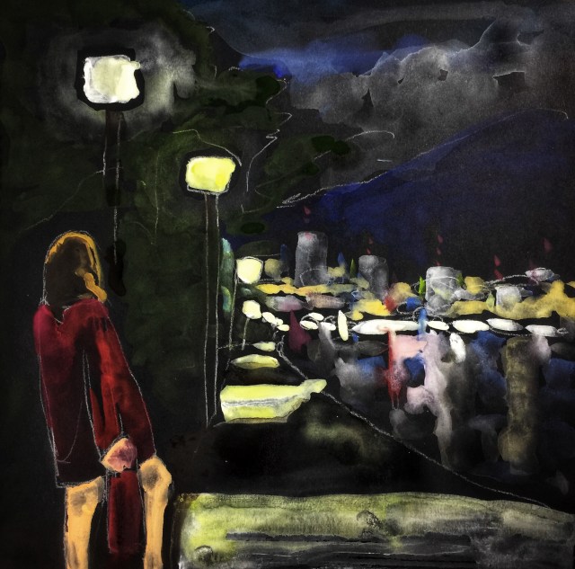 Sketch by Sarah Sullivan of a Woman Walking Along Harbor Island