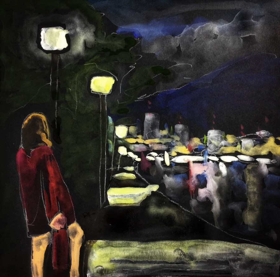 Sketch by Sarah Sullivan of a Woman Walking Along Harbor Island