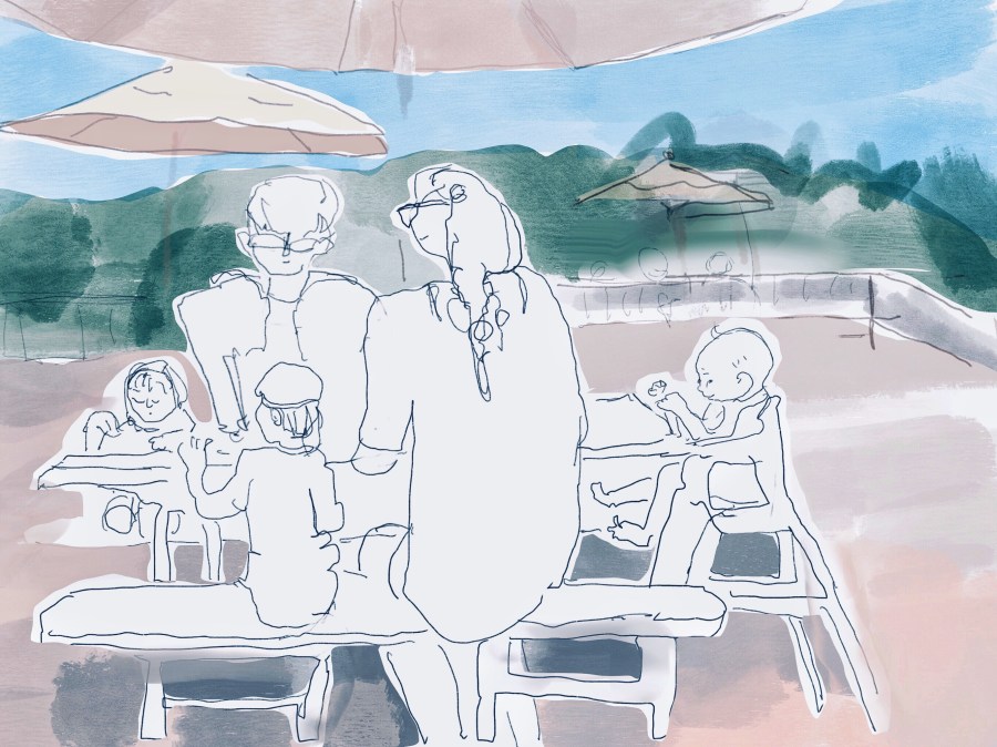 Sketch of a family eating at the zoo by Sarah Sullivan