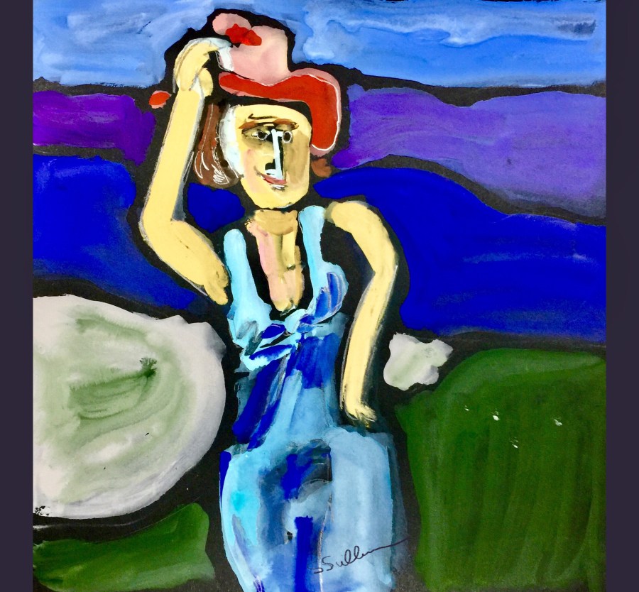 Abstract Sketch by Sarah Sullivan of a Woman holding onto her Hat