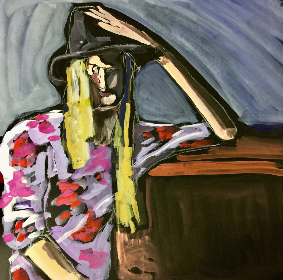 Sketch by Sarah Sullivan of a woman holding onto her hat