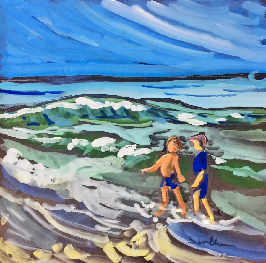 Sketch by Sarah Sullivan of two children wading at Torrey Pines State Park