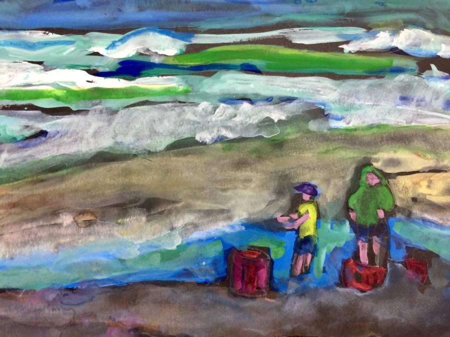 Sketch of two small boys at Torrey Pines Beach by Sarah Sullivan