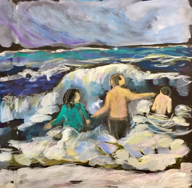 Sketch by Sarah Sullivan of people swimming in waves