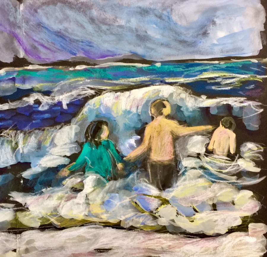 Sketch by Sarah Sullivan of three people in the sea