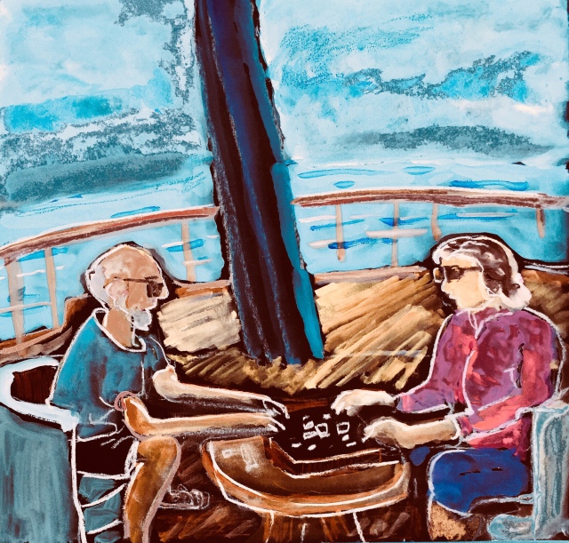 Sketch by Sarah Sullivan of Two People Playing Scrabble. 