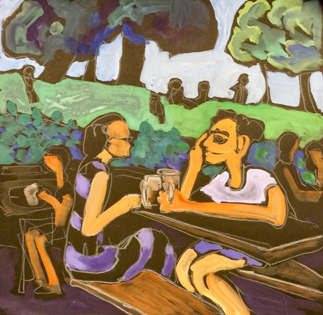 Sketch by Sarah Sullivan of a couple at a Beer Garden in Bonn