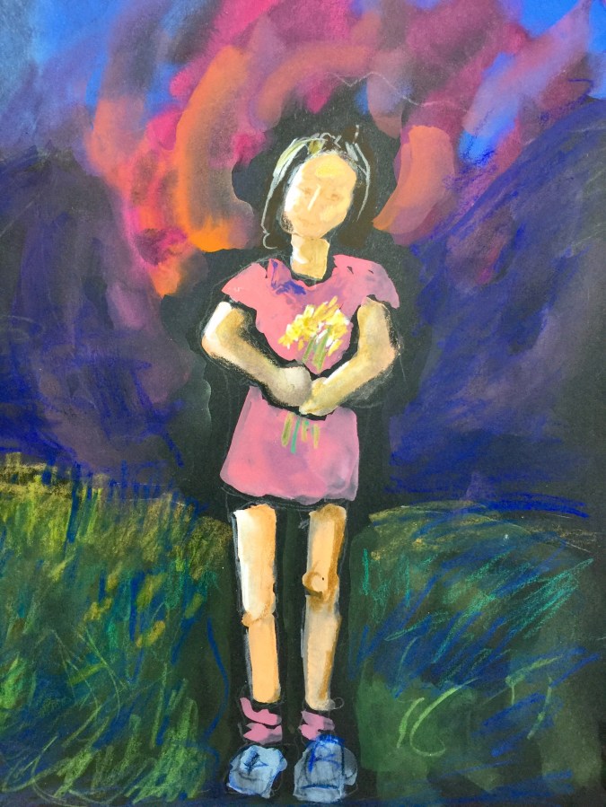 Sketch by Sarah Sullivan of a girl with flowers