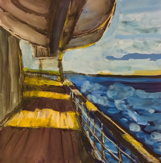 Sketch by Sarah Sullivan of a Lifeboat above the Deck of the Prinsendam
