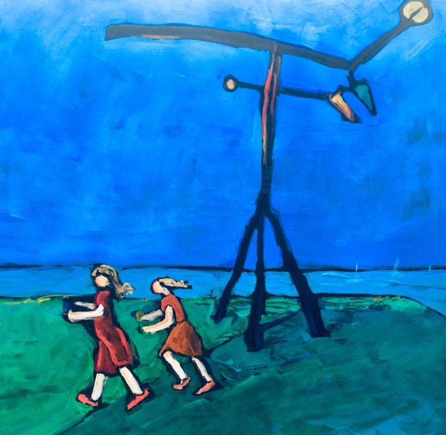 Sketch by Sarah Sullivan of children playing under a sculpture by Calder