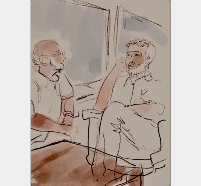 Sketch by Sarah Sullivan of Two Old Friends Working Together
