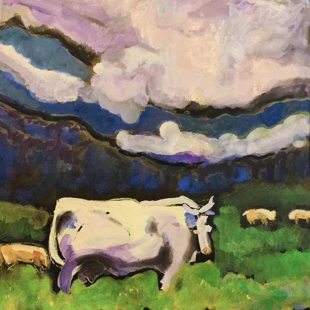 Sketch by Sarah Sullivan of cows in a field under a cloudy sky