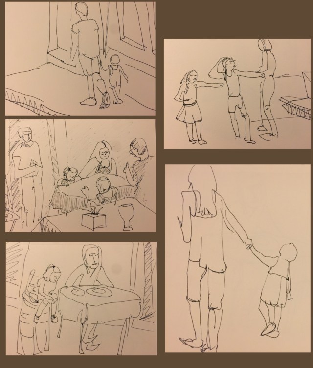 Ink sketches by Sarah Sullivan of Children in Guimarães Portugal