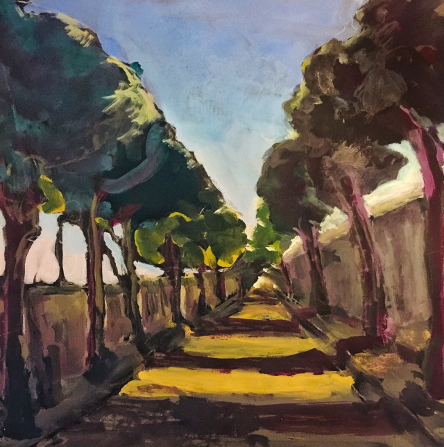 Sketch by Sarah Sullivan of a Tree Lined Street in Guimarães Portugal 