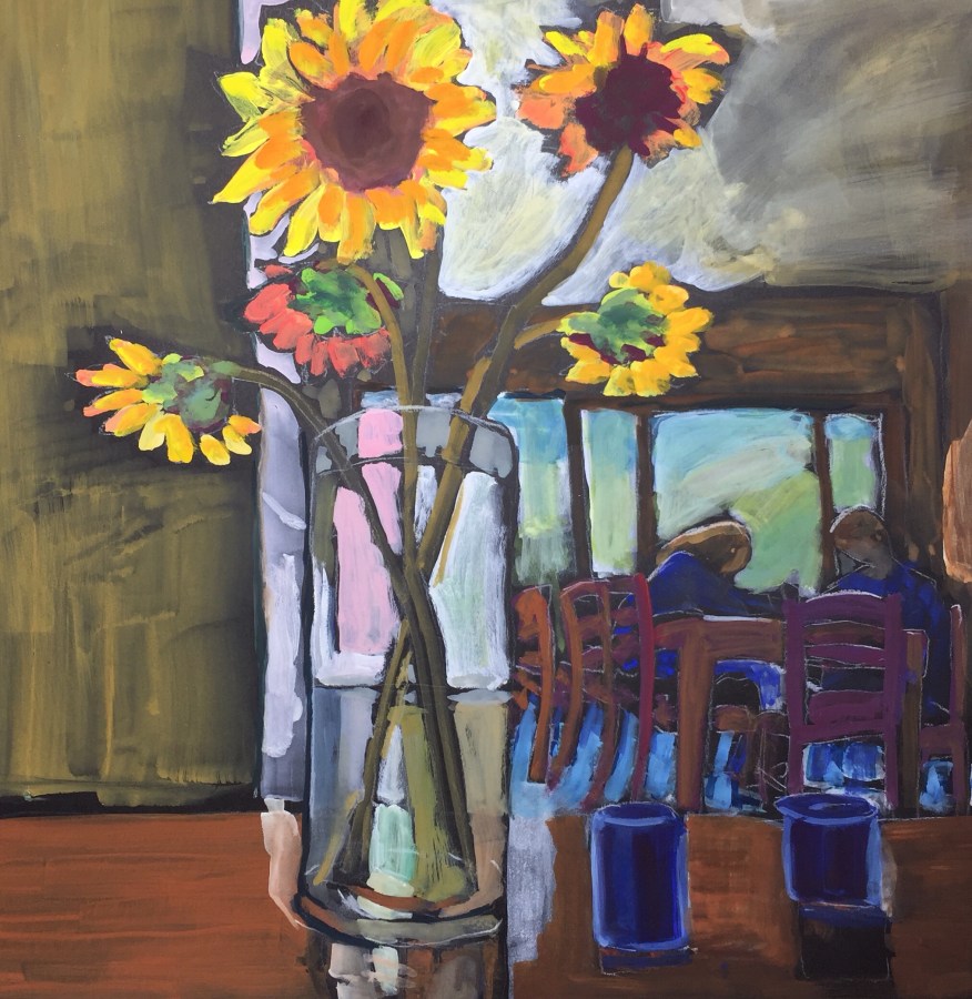 Sketch by Sarah Sullivan of Five Sunflowers and Two People