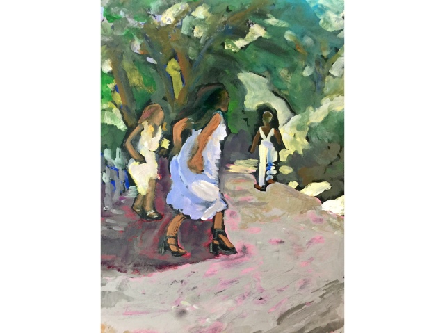 Sketch by Sarah Sullivan of Three Young Women Running up a Path