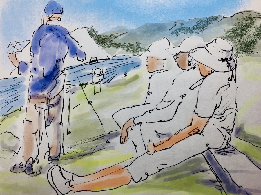 Sketch by Sarah Sullivan of an artist demonstrating how she works