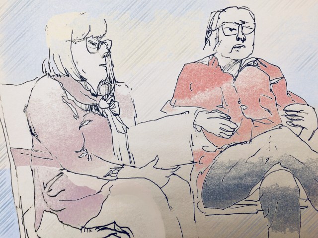 Sketch by Sarah Sullivan of two people having a conversation at the Telluride Town Talk