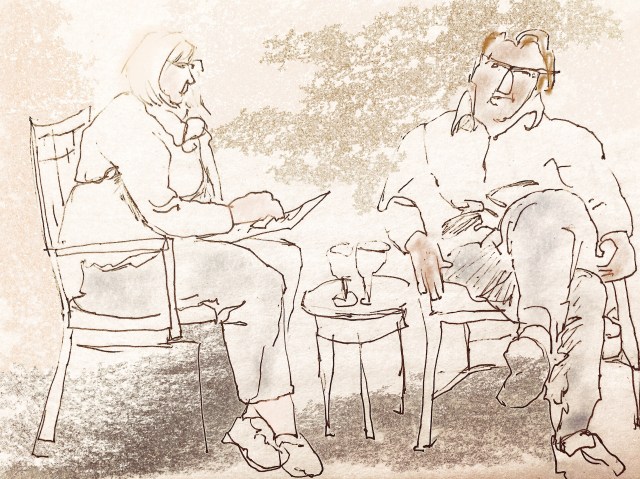 Sketch by Sarah Sullivan of two people having a conversation