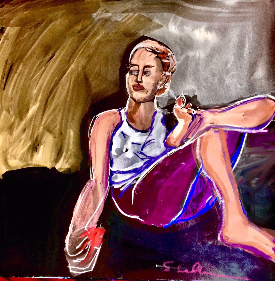 Sketch by Sarah Sullivan of a woman lounging with a strawberry