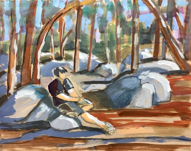 Sketch by Sarah Sullivan of a man sitting on On the Rocks at Yosemite
