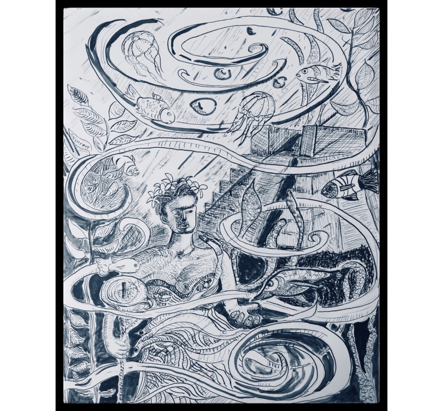 Sketch by Sarah Sullivan zimagining Frida Kahlo Underwater