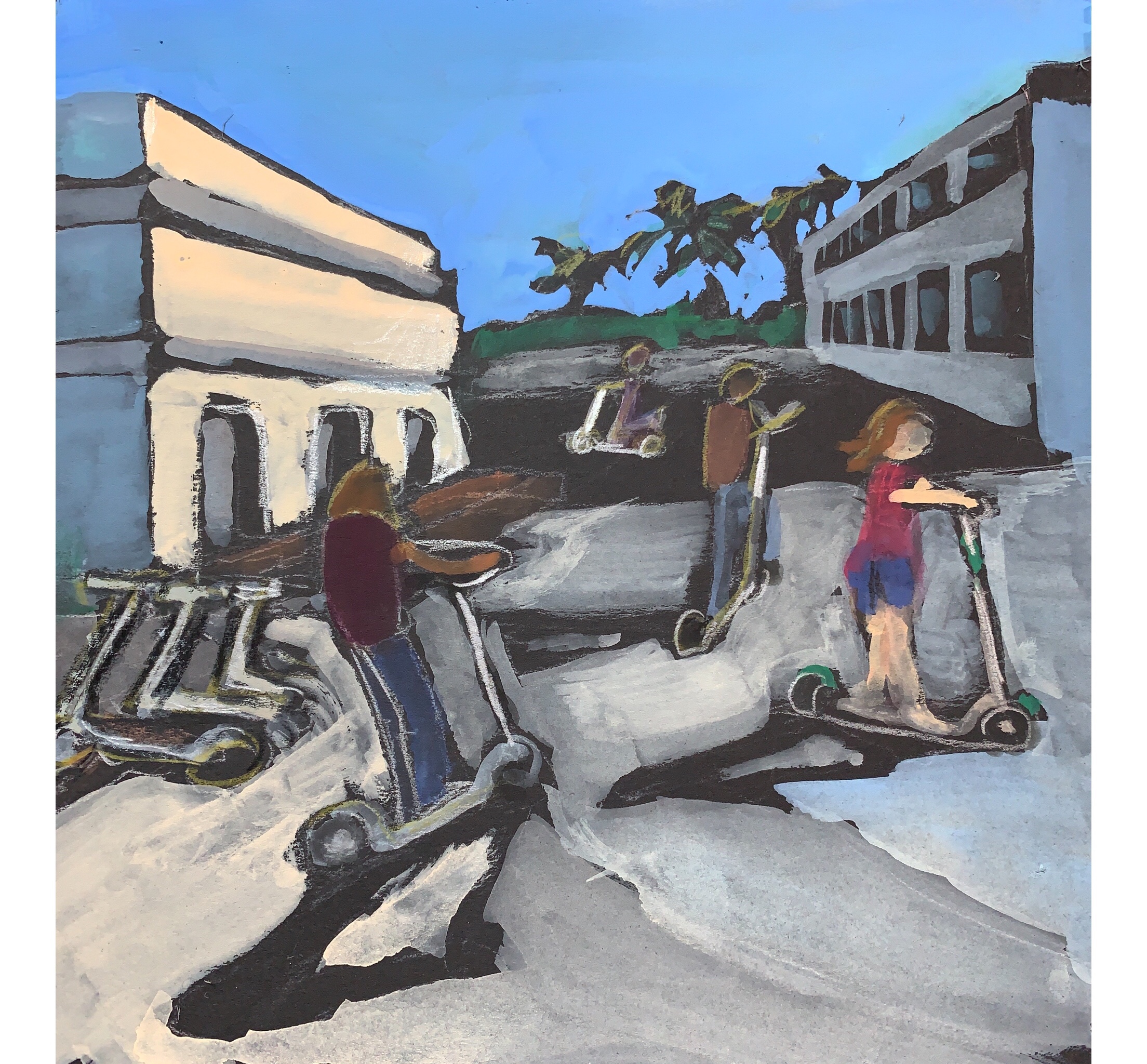 Sketch by Sarah Sullivan of Scooters and Riders
