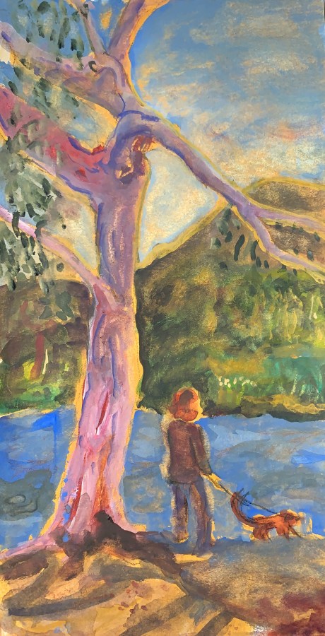 Sketch by Sarah Sullivan of a woman standing with dog beneath a Eucalyptus Tree