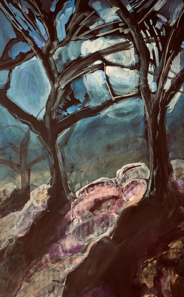 Sketch by Sarah Sullivan of Boulders and Trees 