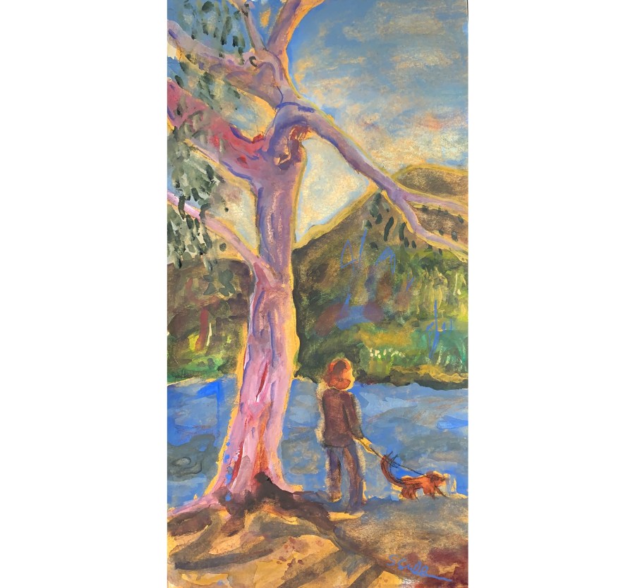 Sketch by Sarah Sullivan of a woman and dog standing under a tree