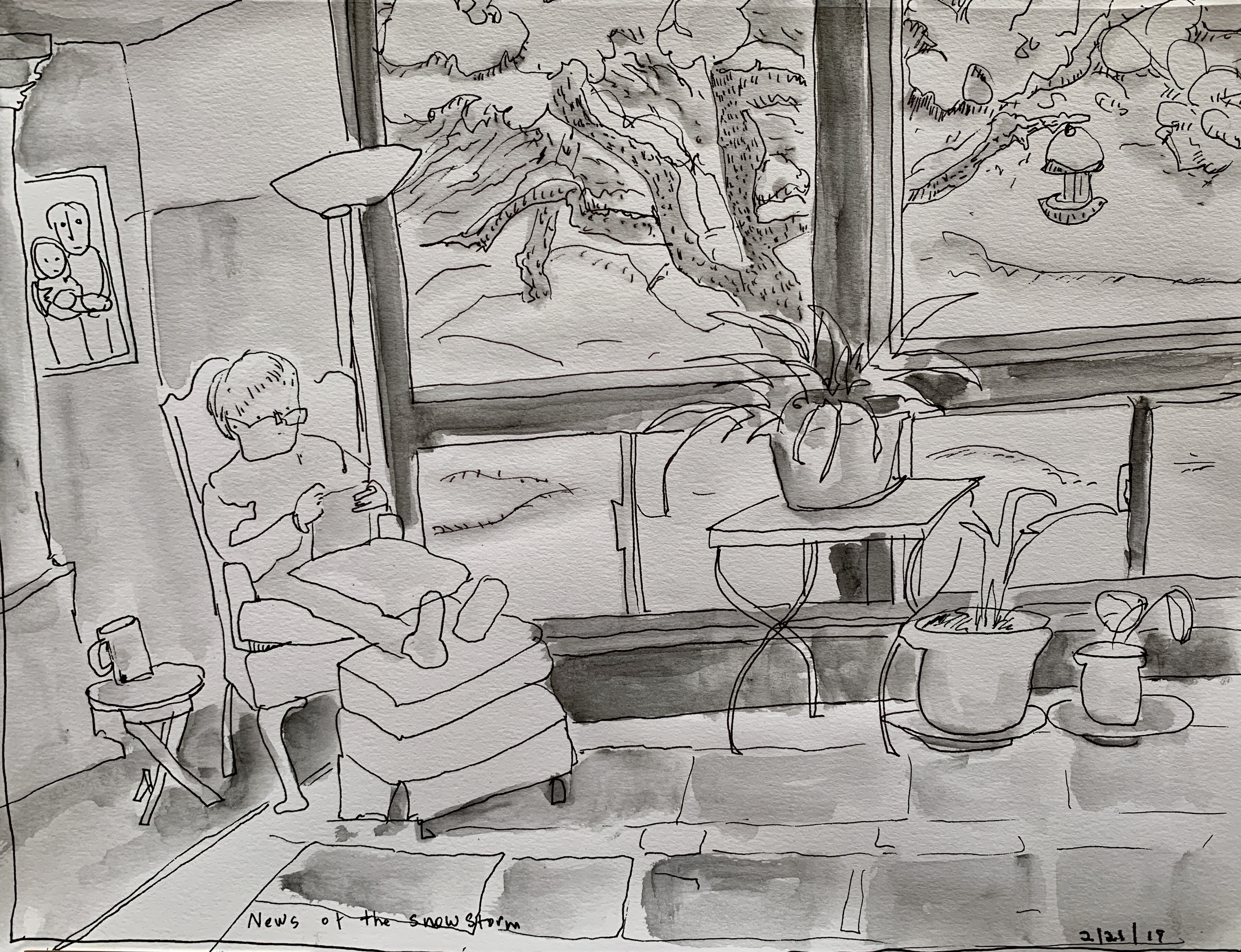 Pen and Wash Sketch of a Woman Reading